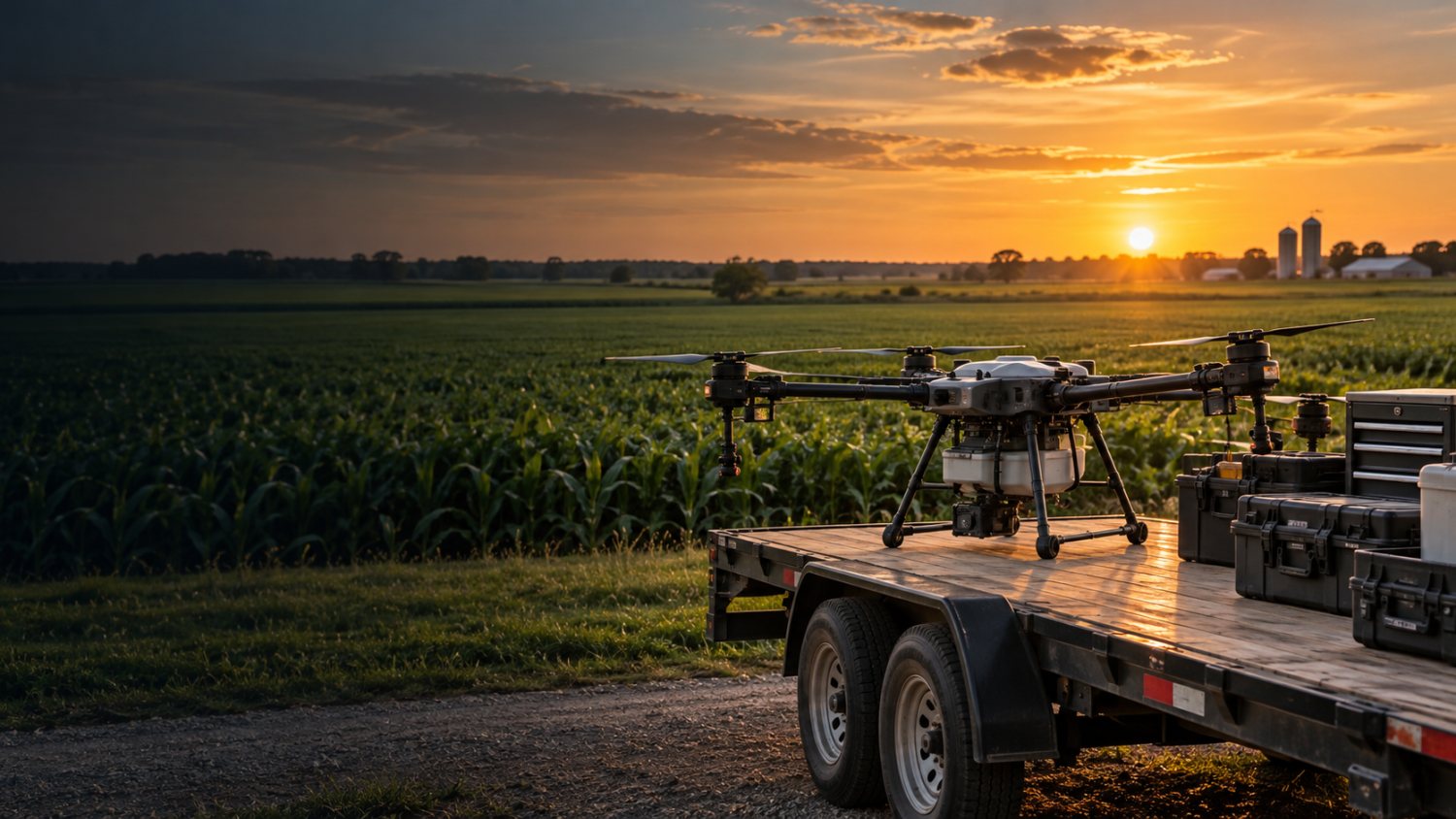 Agricultural drone ready for service beside crop fields